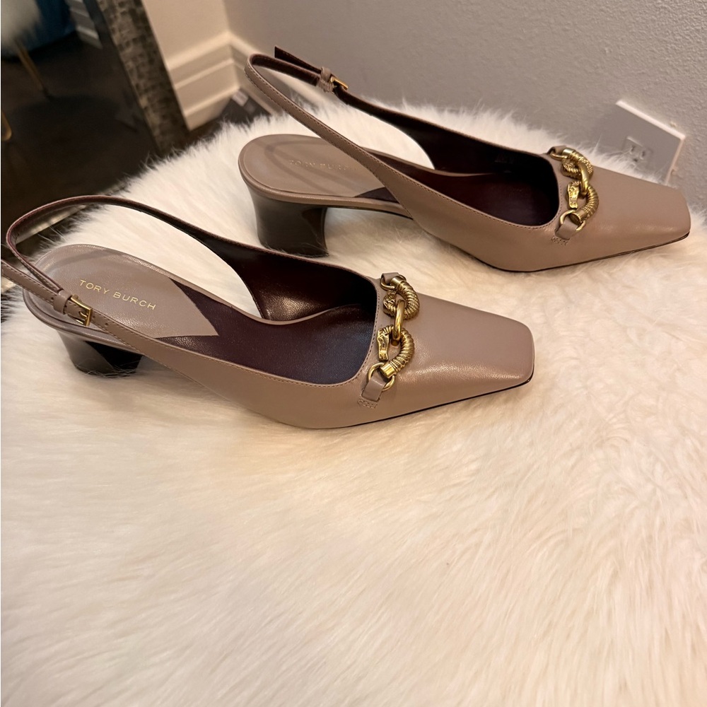 Tory Burch Jessa Heels in Brown with Gold Accent - Picture 3 of 4